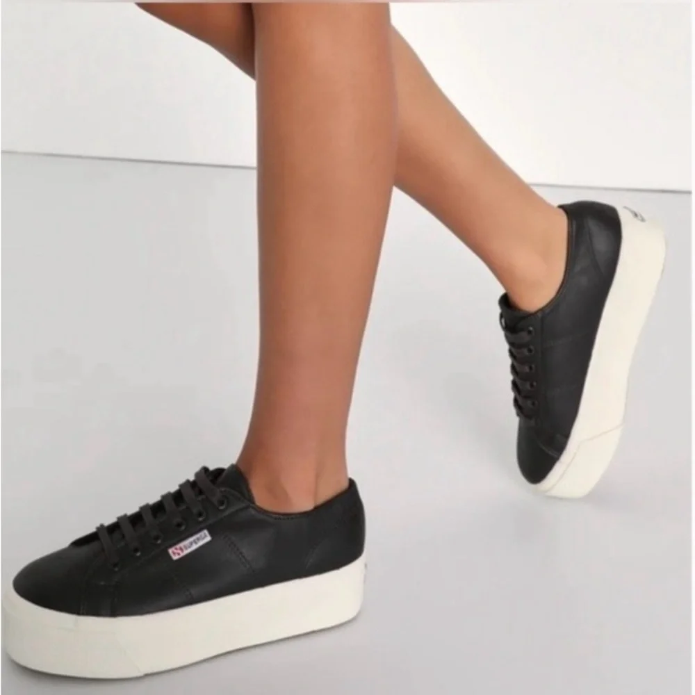 Superga EUC 2790 Nappa Black Leather Platform Sneakers EU 37.5 SZ 6.5
